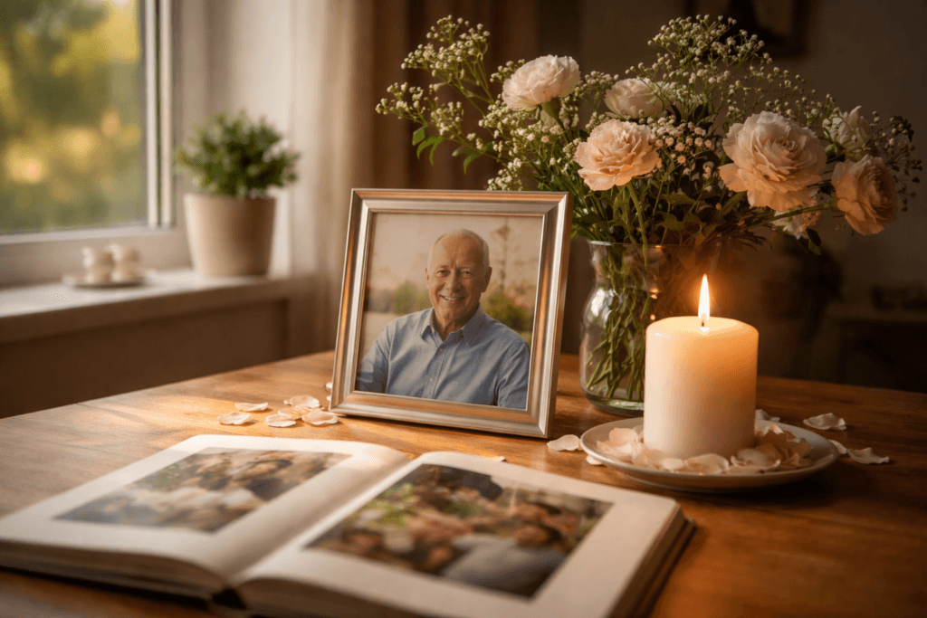 Old man photo on table with photo book and candle