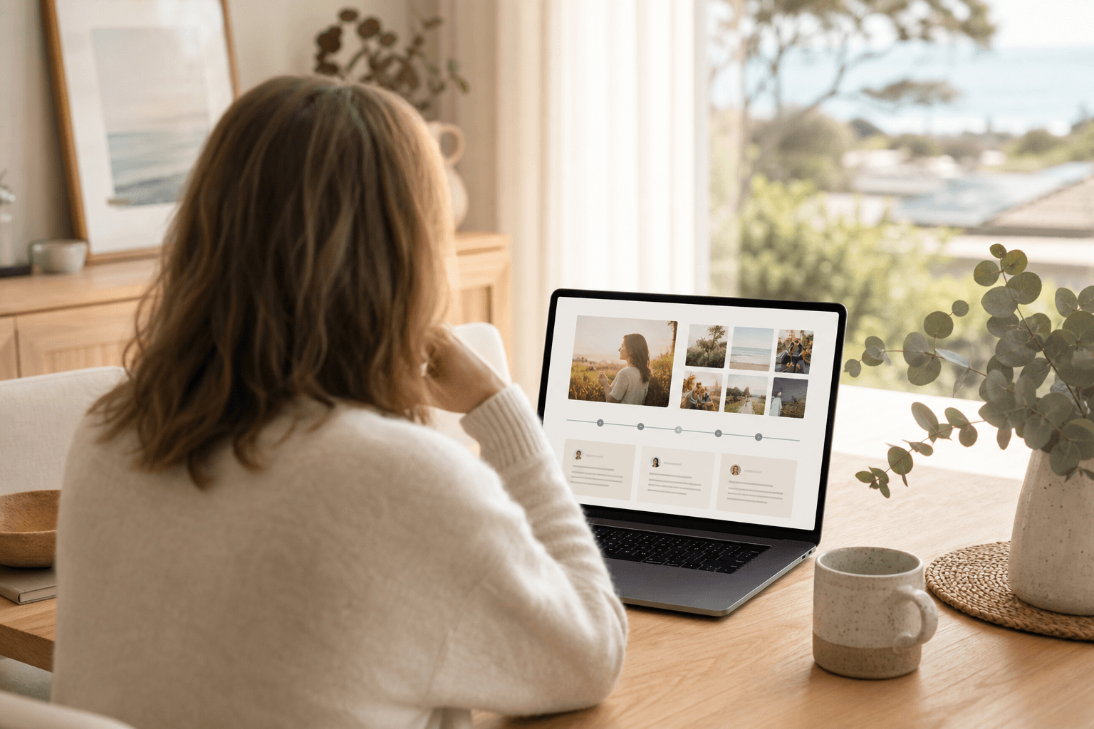Person seated at a desk in a calm, naturally lit Australian home reviewing a digital memorial page on a laptop