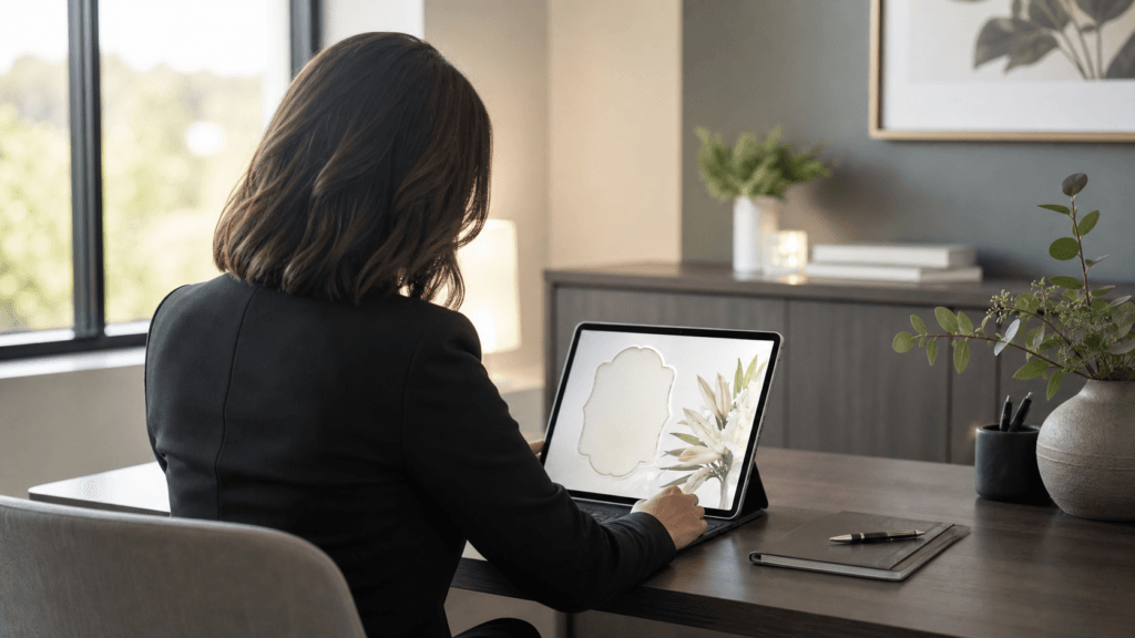 A funeral home consultant reviewing an online memorial page on a laptop in a warm, softly lit consultation room