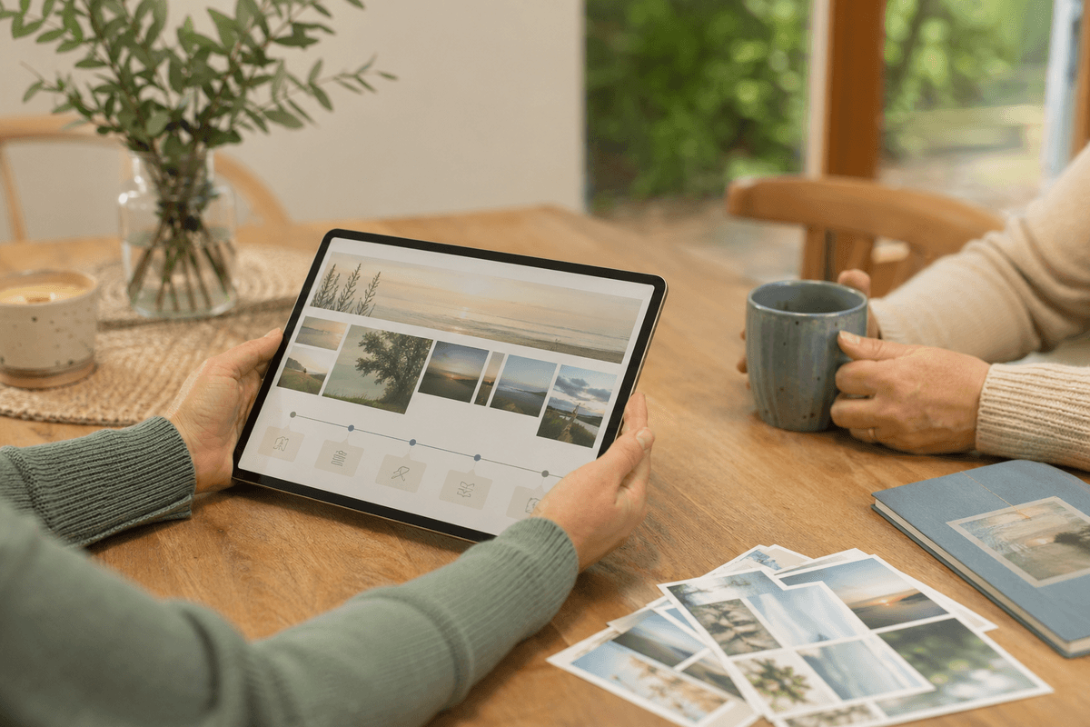 Person using a tablet to view a digital memorial page in a warm Australian home setting with soft natural light