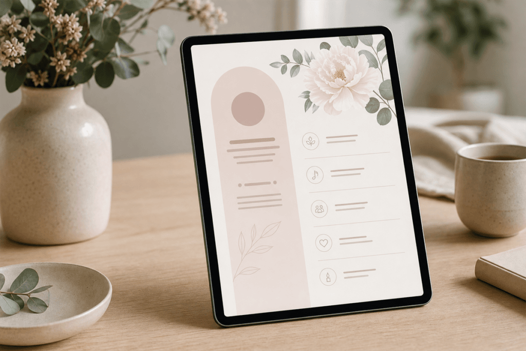 A tablet displaying a clean, elegant digital order of service layout with soft floral motifs and warm muted tones, resting beside a simple candle and flower arrangement