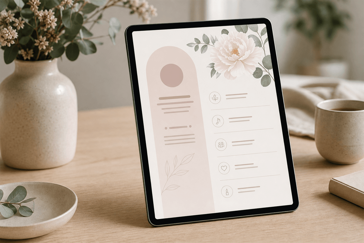 A tablet displaying a clean, elegant digital order of service layout with soft floral motifs and warm muted tones, resting beside a simple candle and flower arrangement