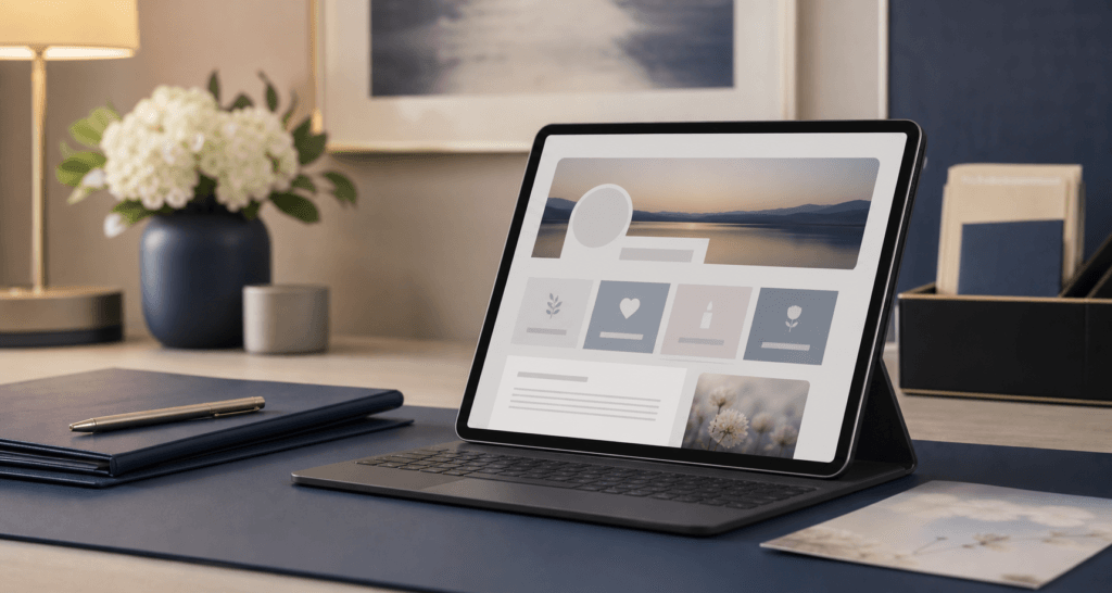 A modern funeral director workspace with a laptop showing a digital memorial page, soft warm lighting in muted navy and grey tones