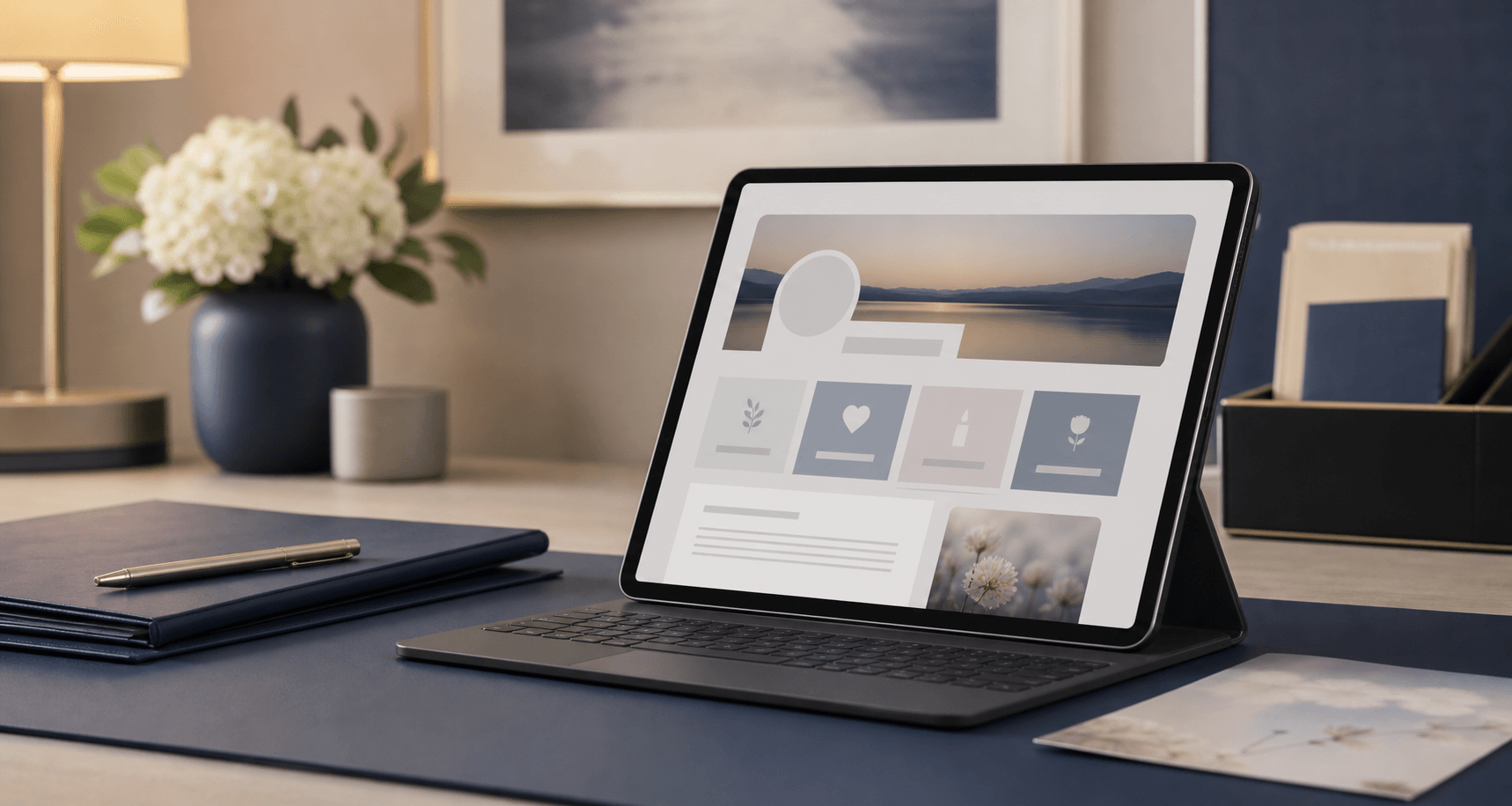 A modern funeral director workspace with a laptop showing a digital memorial page, soft warm lighting in muted navy and grey tones