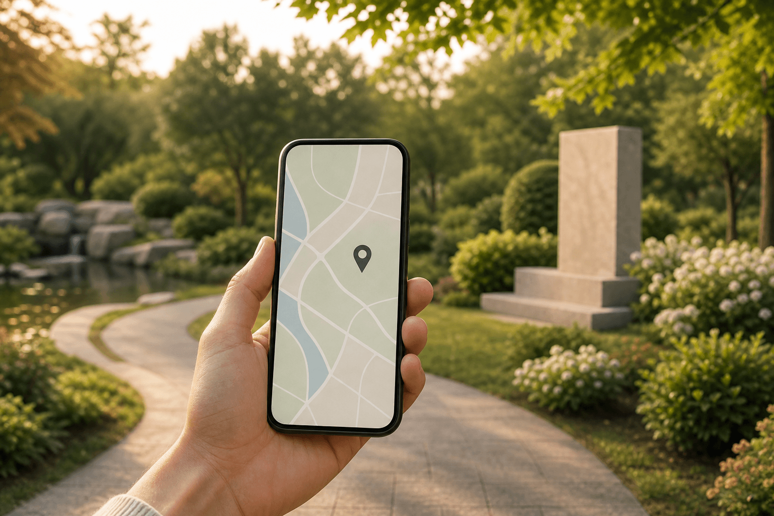 A hand holding a smartphone showing a soft map pin over a peaceful green memorial garden landscape