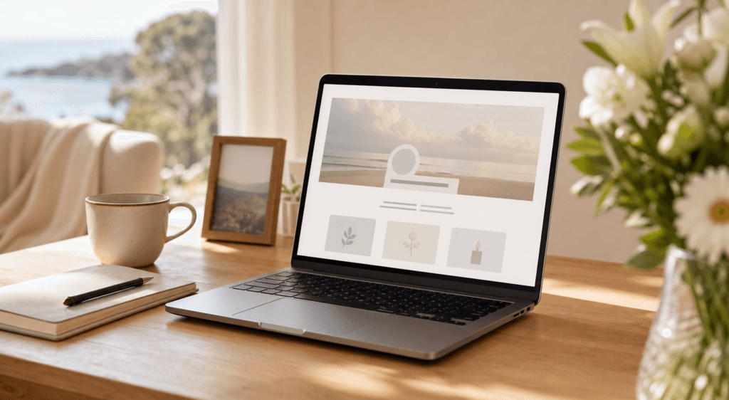 A softly lit desk with a laptop showing an online memorial page, representing free online memorial sites in Australia and the choice between free and paid options