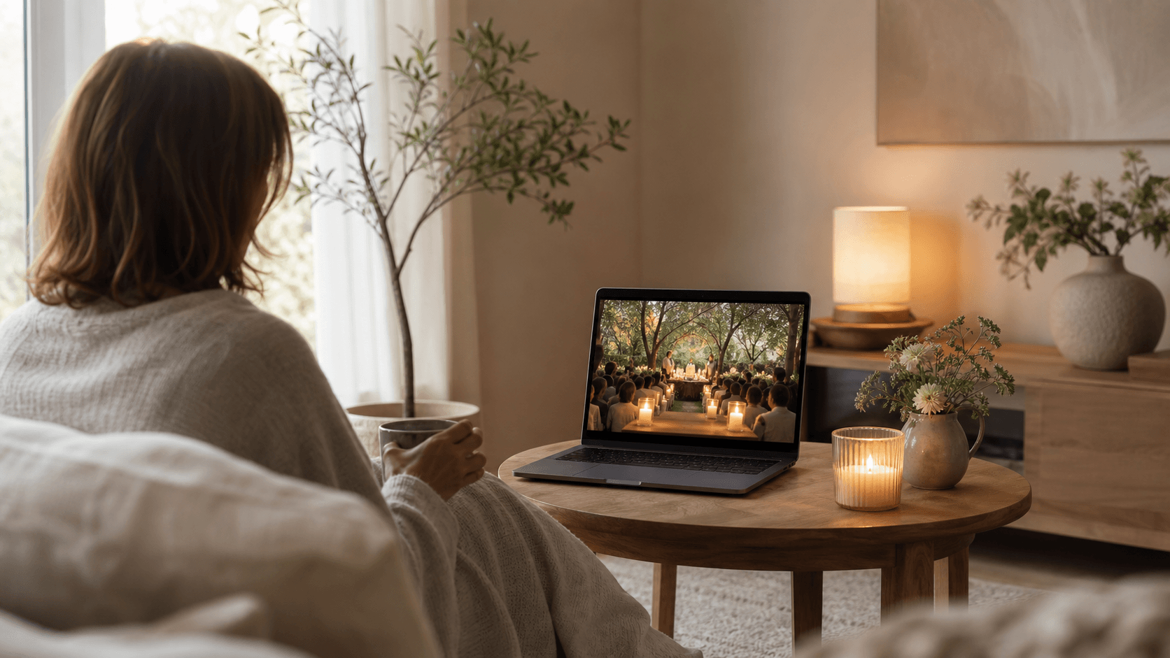 A laptop screen showing a live-streamed funeral service in an Australian living room setting, with soft warm lighting