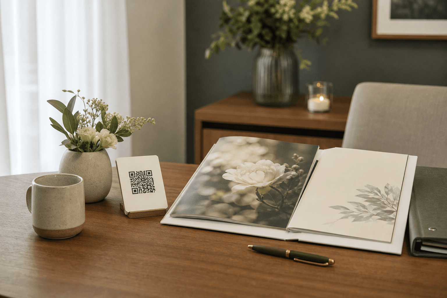 A funeral director handing an order-of-service card with a QR code to a family member at a memorial service in a softly lit chapel