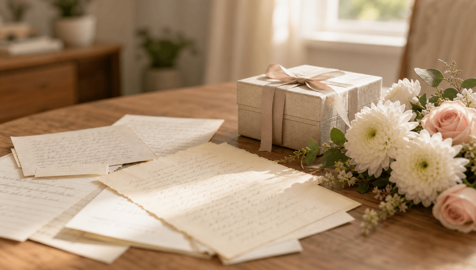 Handwritten notes, a small keepsake box and soft white flowers arranged on a warm wooden table, representing the gathering of tributes from family and friends after a loss