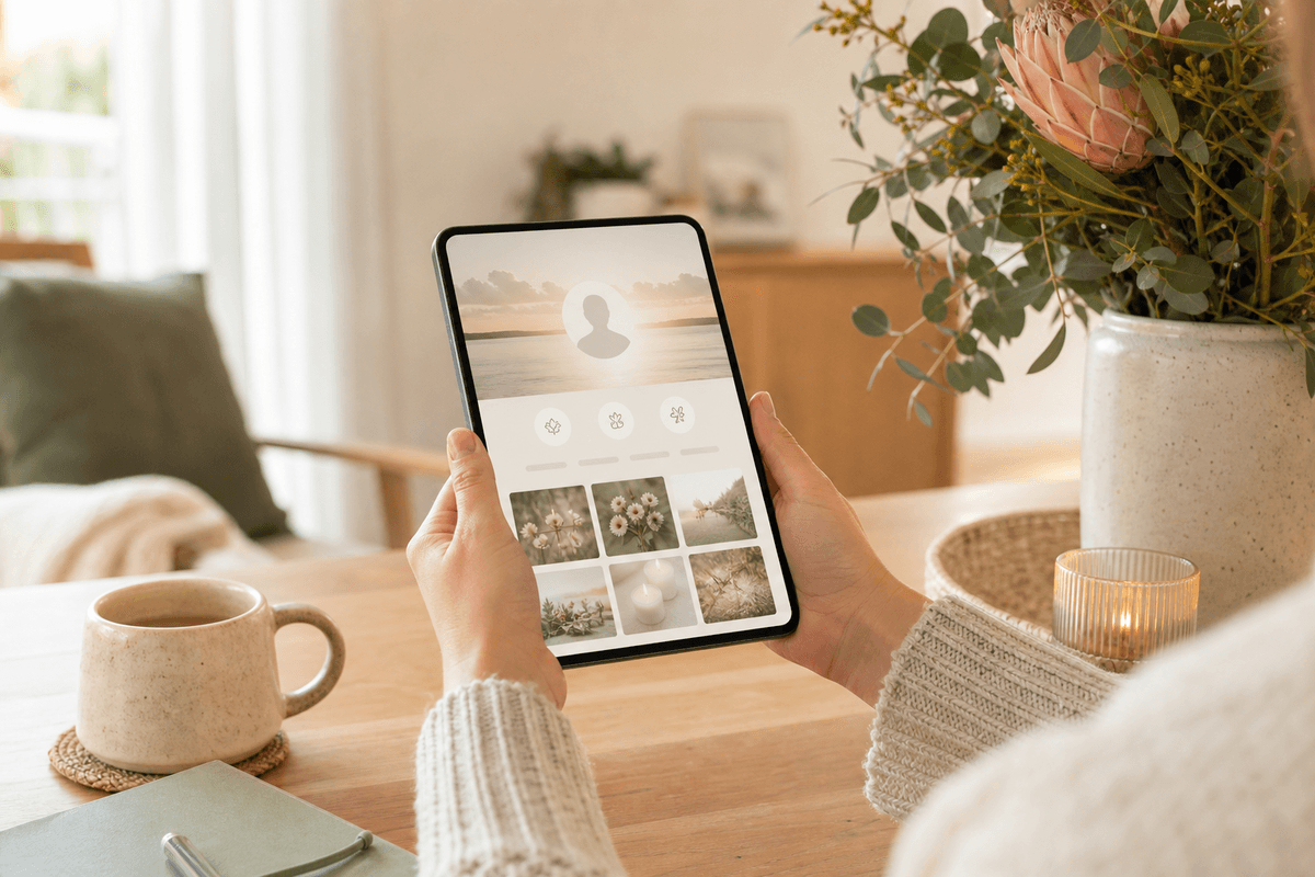 Warm scene of hands holding a tablet showing a glowing memorial page with soft floral elements and gentle light