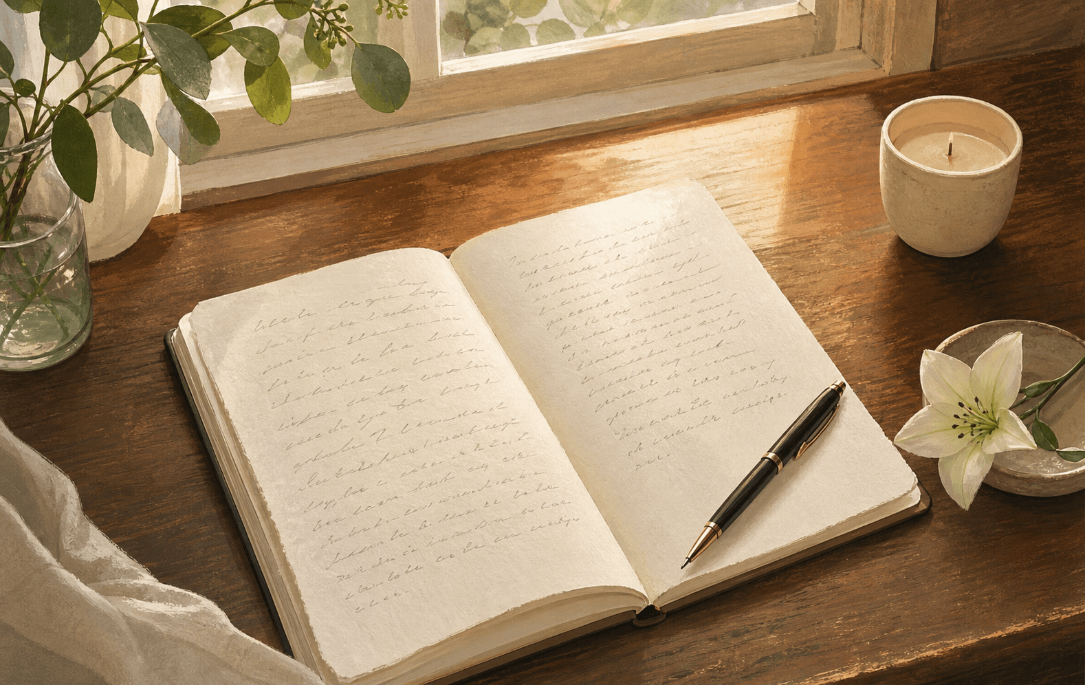 A handwritten letter resting on a wooden surface beside a single white flower, representing the gentle act of writing a tribute for someone who has died