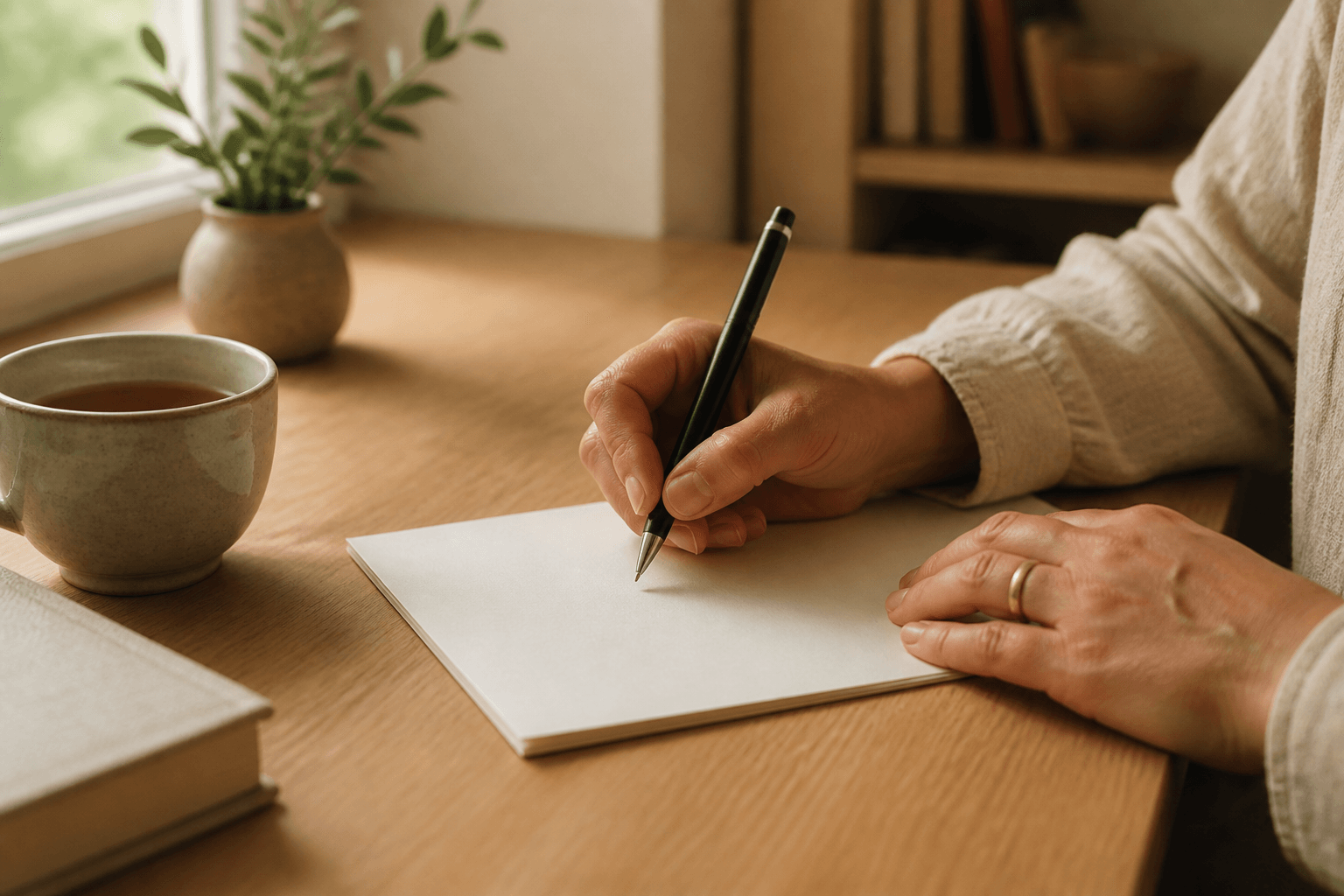 Person writing a handwritten obituary letter at a wooden desk with soft natural light, cream and beige tones