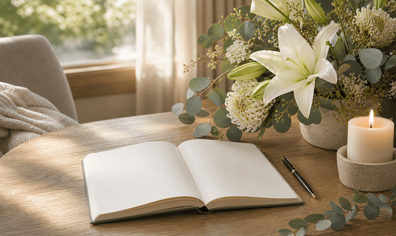 A calm planning scene with a notebook, white native Australian flowers and a softly lit candle representing memorial service preparation