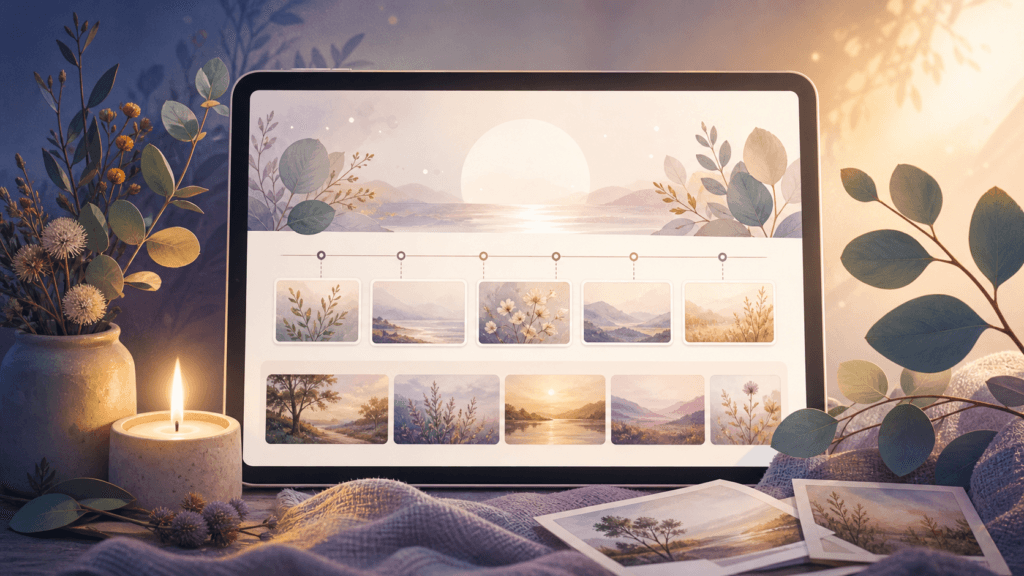 A warm, softly lit memorial tribute page displayed on a tablet, surrounded by flowers and framed photographs, representing a lasting digital memorial for a loved one