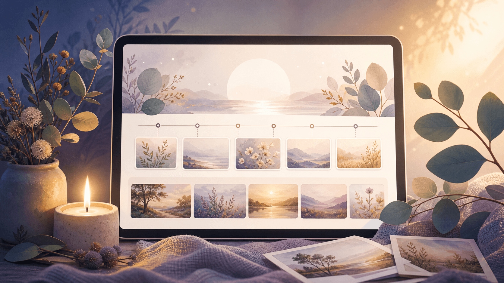 A warm, softly lit memorial tribute page displayed on a tablet, surrounded by flowers and framed photographs, representing a lasting digital memorial for a loved one