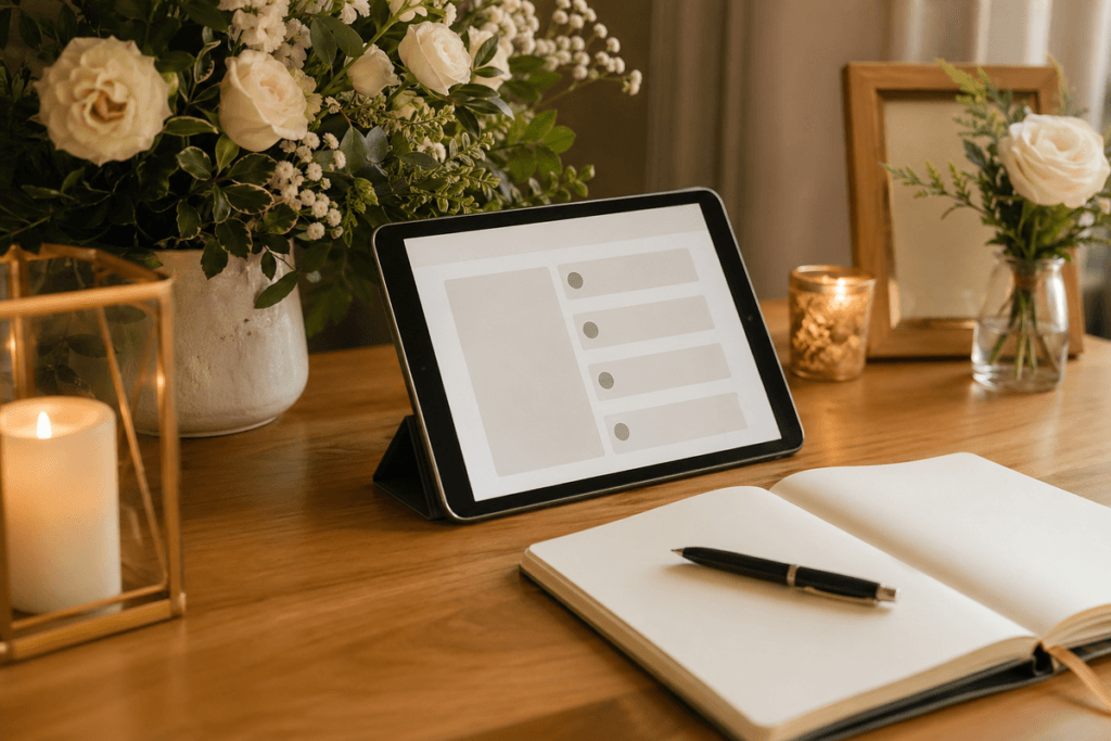 Abstract open book with soft warm light and gentle floral motifs representing a digital guest book for a memorial