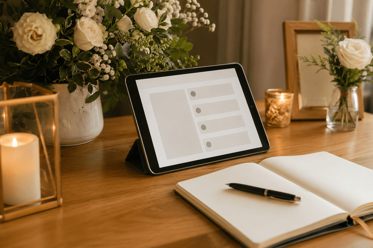 Abstract open book with soft warm light and gentle floral motifs representing a digital guest book for a memorial