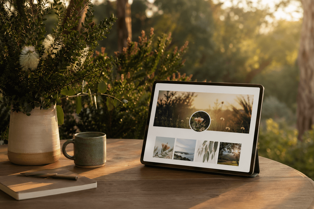 Soft-focus native Australian garden with warm golden light and gentle luminous orbs suggesting digital remembrance