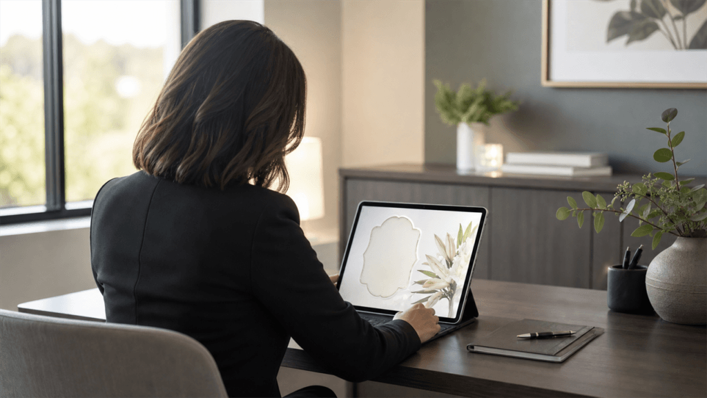 A funeral director reviewing an elegant digital memorial page on a tablet at a desk, with soft natural light and sage green foliage in the background