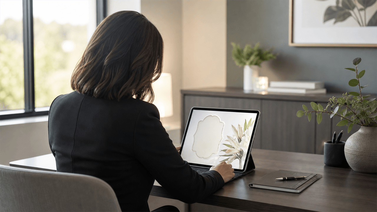 A funeral director reviewing an elegant digital memorial page on a tablet at a desk, with soft natural light and sage green foliage in the background