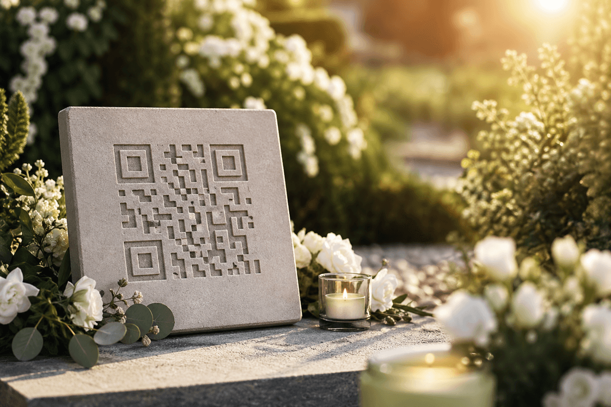 A stone memorial plaque with a QR code set in a peaceful garden, surrounded by soft white flowers and warm afternoon light