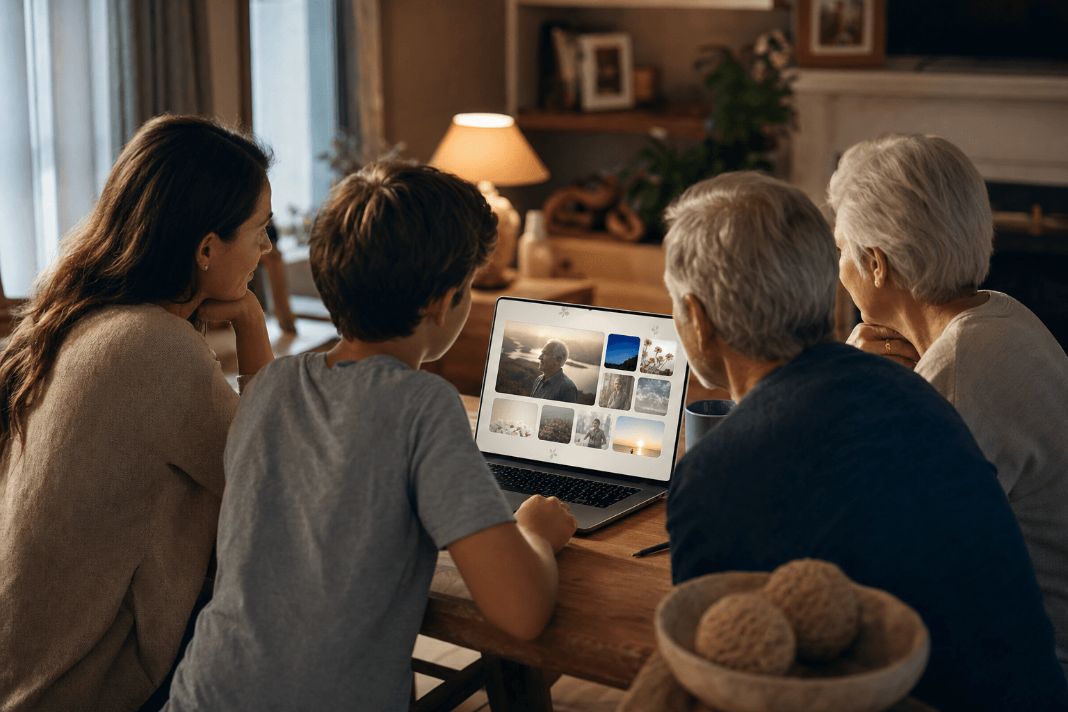 A family sitting together around a softly lit laptop, viewing a warm and comforting digital memorial page filled with photos and memories