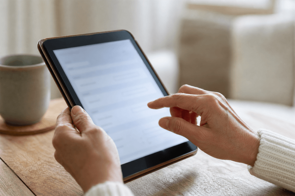 A calm close-up of hands filling in a simple, softly blurred form on a tablet screen in natural light