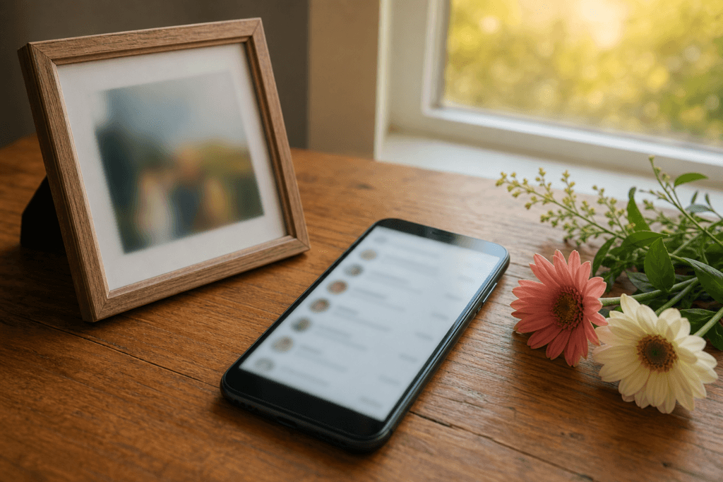 A smartphone showing a softly blurred message feed beside a small framed photo and fresh flowers in warm natural light, representing ongoing tributes in a digital guest book