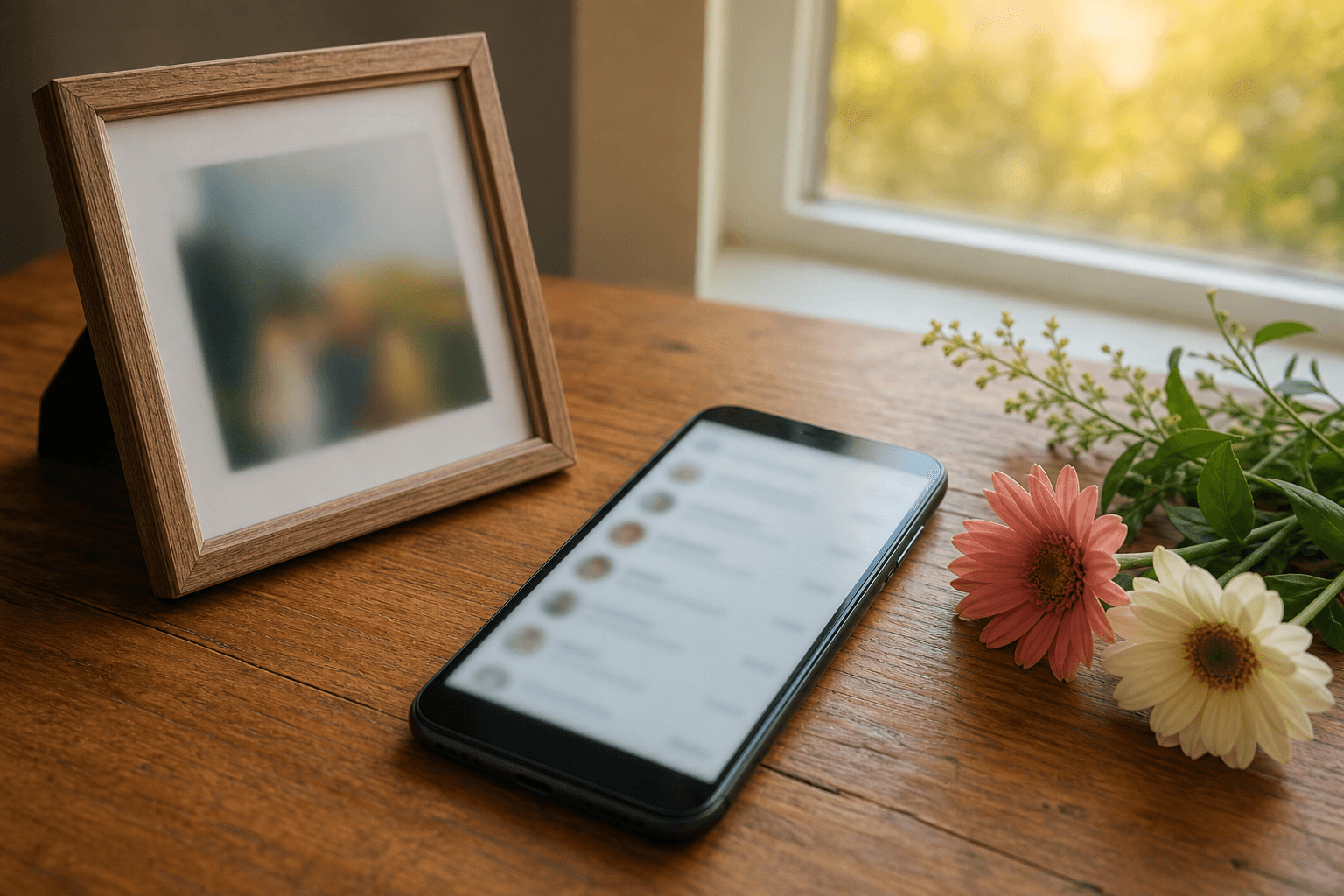 A smartphone showing a softly blurred message feed beside a small framed photo and fresh flowers in warm natural light, representing ongoing tributes in a digital guest book
