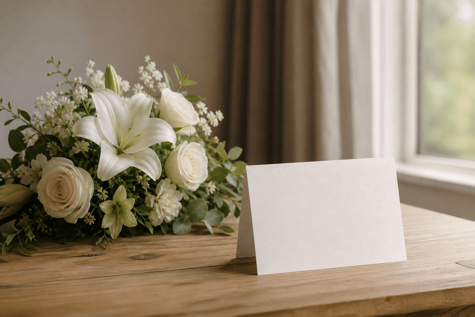 Soft natural light over a quiet arrangement of white flowers and a folded printed notice on a wooden table