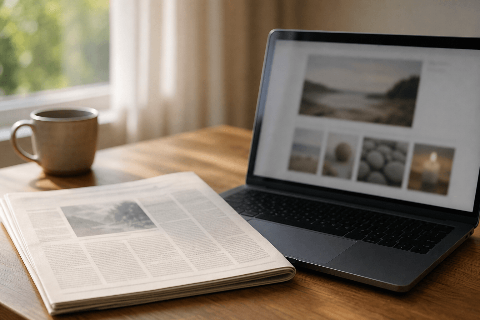 Folded newspaper with soft-focus text beside a laptop showing a blurred photo gallery webpage, warm natural light