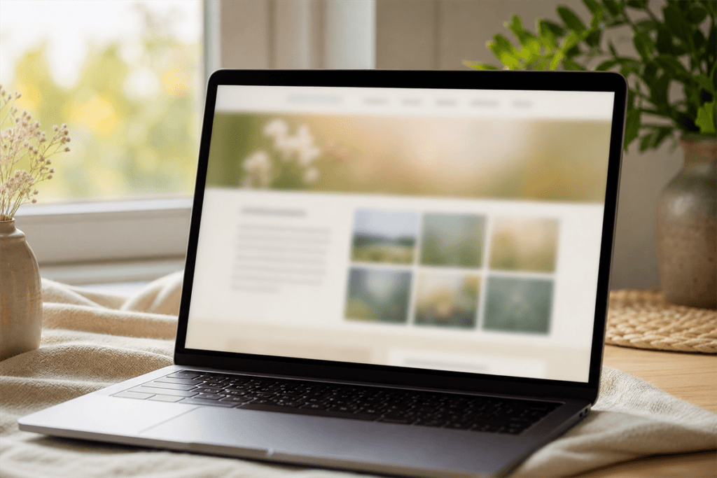 Laptop on a sunlit table showing an abstract, softly blurred tribute webpage layout with a photo gallery grid