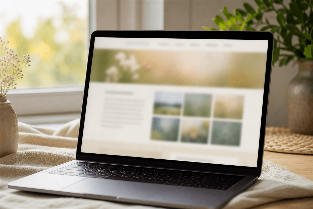Laptop on a sunlit table showing an abstract, softly blurred tribute webpage layout with a photo gallery grid